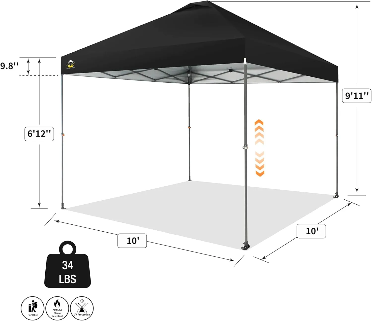 CROWN SHADES Adjustable Height on The Fly, 10x10 Pop Up Canopy - Beach Tent with One Push Setup - Easy Outdoor Sun Shade for Events, Parties, Camping - Outside Shade with STO-N-Go Bag, Black