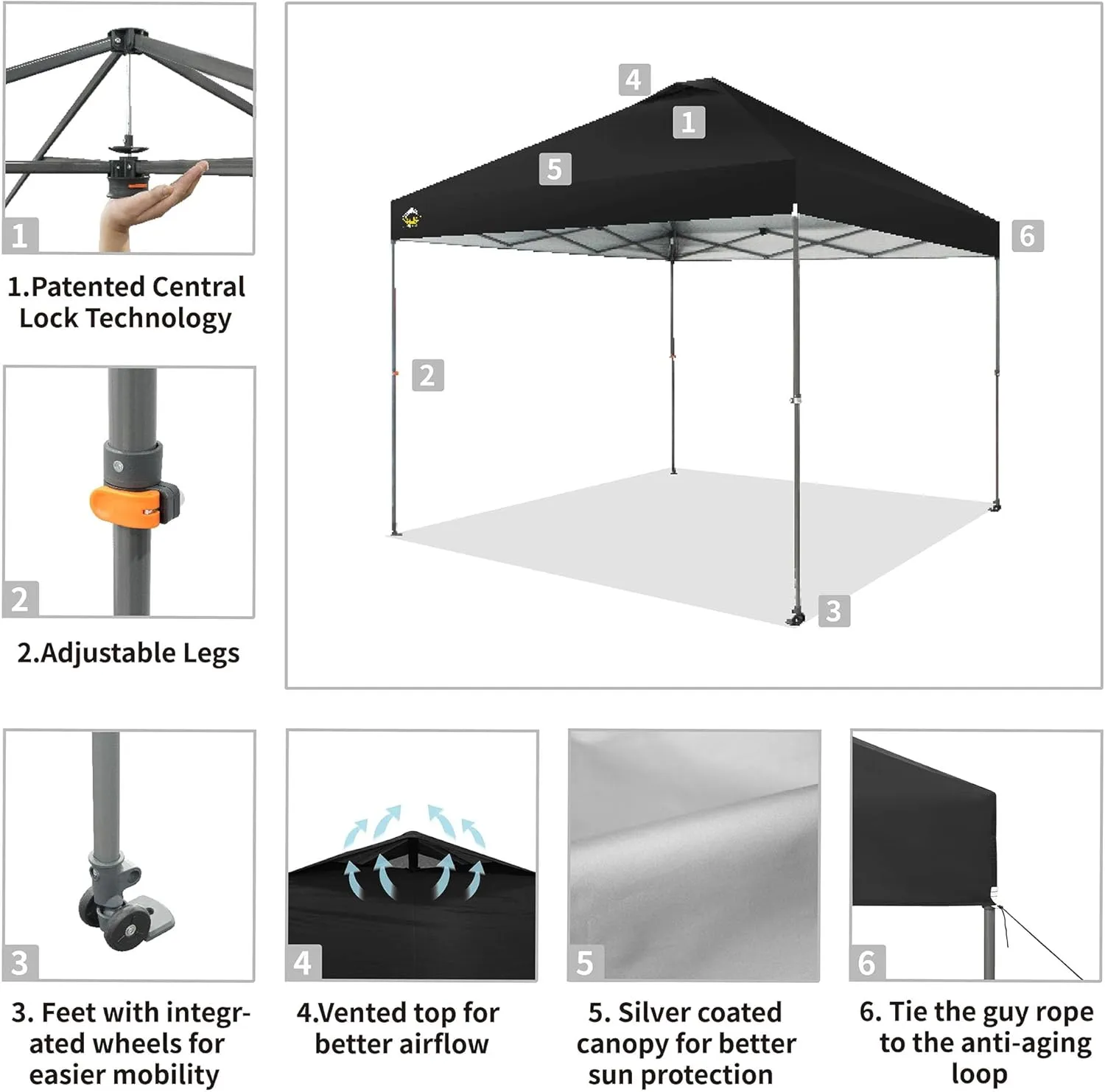 CROWN SHADES Adjustable Height on The Fly, 10x10 Pop Up Canopy - Beach Tent with One Push Setup - Easy Outdoor Sun Shade for Events, Parties, Camping - Outside Shade with STO-N-Go Bag, Black