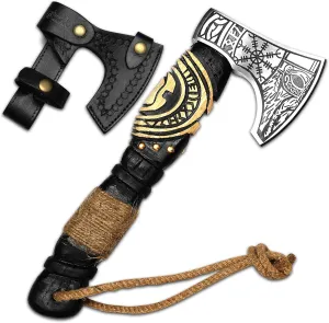 Custom Gift Black Forged Carbon Steel Viking Style Axe Bearded Axe with Rose Wood Shaft Tomahawk - Real Hatchet, Best Gift for Anniversary, Birthday, Premium Leather Sheath