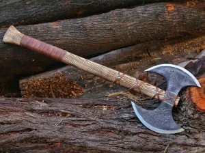 Custom Gift Forged Carbon Steel Viking Axe with Leather Sheath, Viking Double Headed Axe, Best Birthday & Anniversary for Him