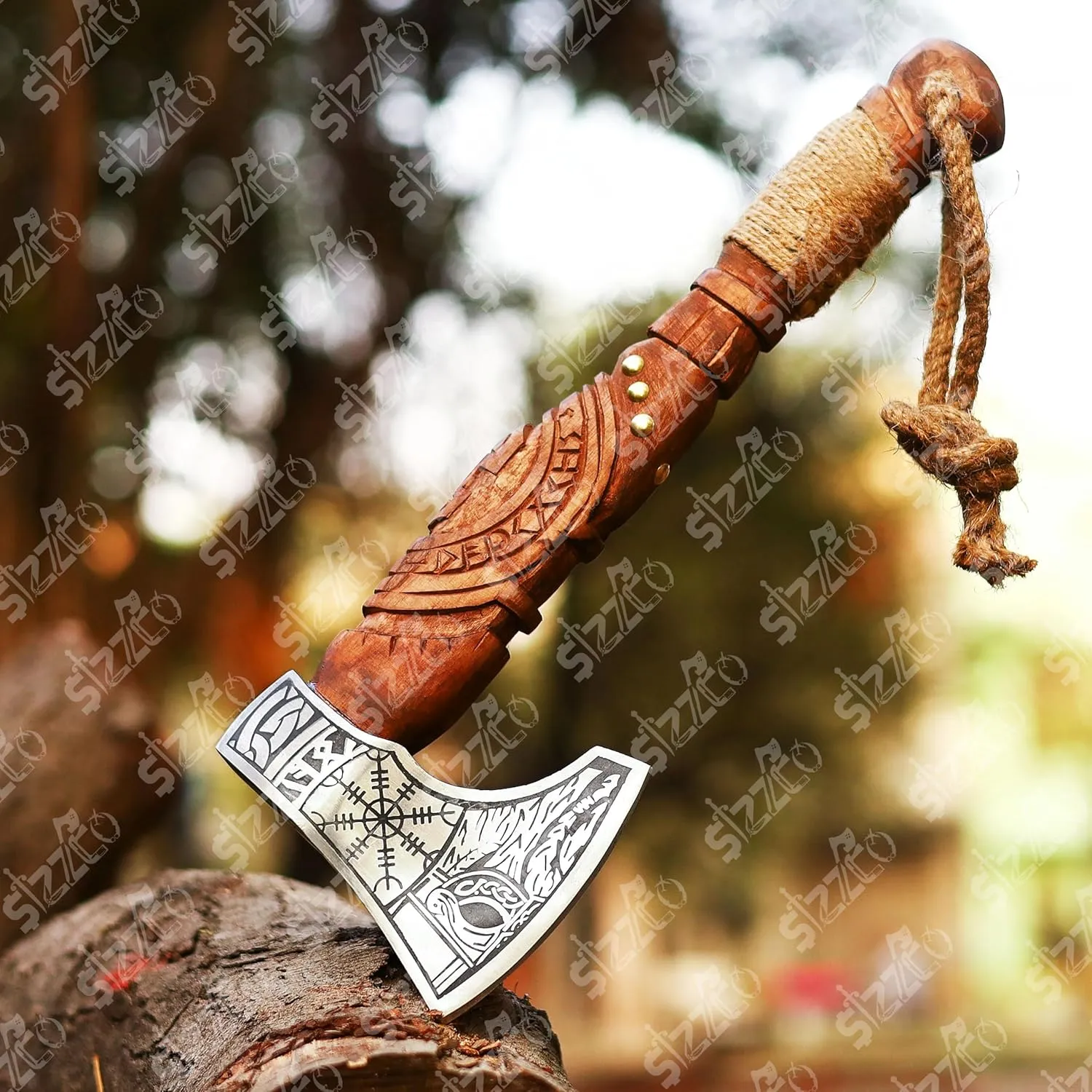 Custom Gift Forged Carbon Steel Viking Style Axe Bearded Axe with Rose Wood Shaft Tomahawk - Real Hatchet, Best Gift for Anniversary, Valentine's Day, Birthday, Premium Leather Sheath