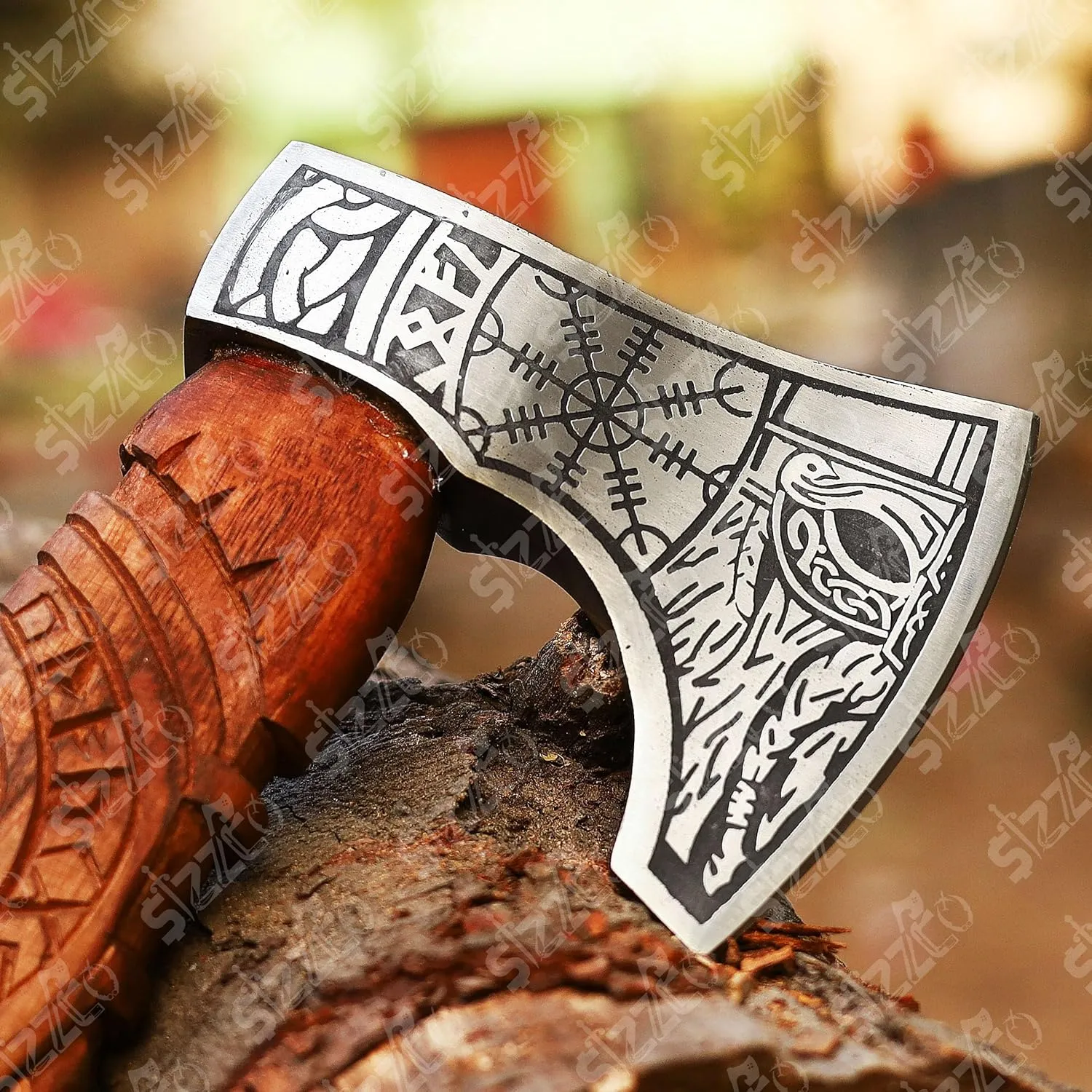 Custom Gift Forged Carbon Steel Viking Style Axe Bearded Axe with Rose Wood Shaft Tomahawk - Real Hatchet, Best Gift for Anniversary, Valentine's Day, Birthday, Premium Leather Sheath