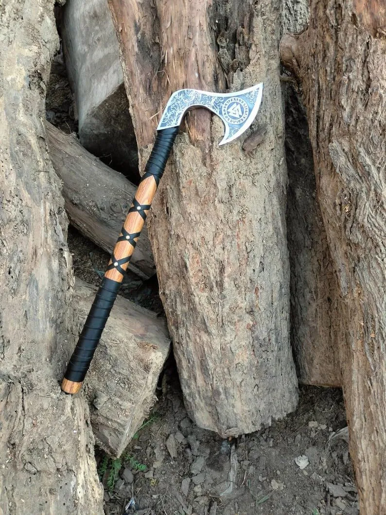 Custom Norse Double-Headed & Viking Axe Set | Handmade Bearded Axe | Hand-Forged Carbon Steel | Polished Valknut Handle | Cosplay, Prop, Gift for Him