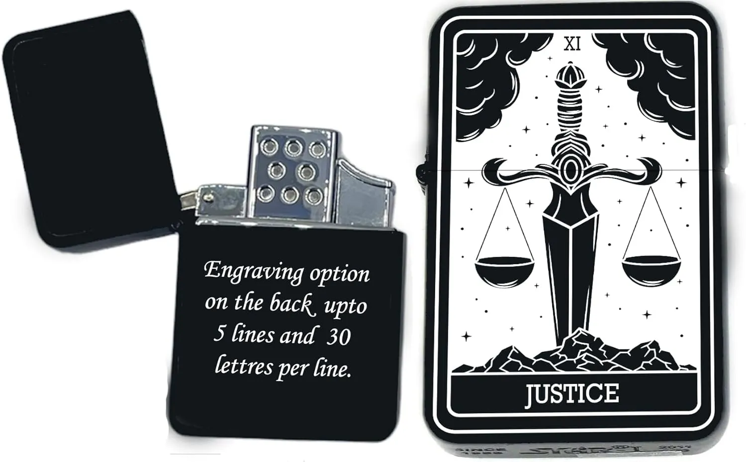 Custom Personalizied Tarot Card - 24 Major Arcana Cards Available Laser Engraved Unique Collectible Gifts Infinity Black Matt Single Torch Butane Lighters! (Justice)