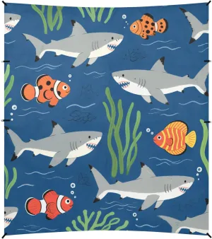 Cute Cartoon Shark Fish Navy Blue Foldable Beach Cabana UPF50  Lightweight Sun Shade with Sandbags & Sand Shovel for Backyard and Camping