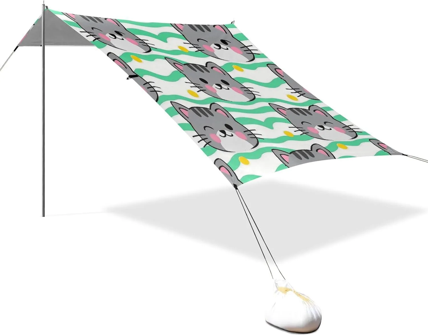 Cute Grey Cat Cartoon Designed UPF50 Foldable Beach Canopy Water-Resistant Sun Shelter with Sandbags and Shovel for Camping, Picnics, Backyard sombrillas para Playa