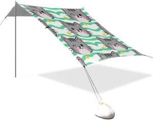 Cute Grey Cat Cartoon Designed UPF50 Foldable Beach Canopy Water-Resistant Sun Shelter with Sandbags and Shovel for Camping, Picnics, Backyard sombrillas para Playa