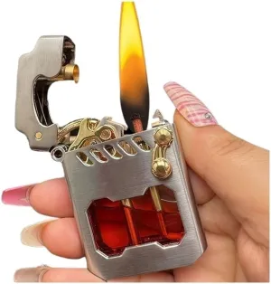 Cycle replenishing kerosene lighter, old-fashioned metal kerosene lighter, with fuel observation window, rocker link drive gear ignition lighter, suitable for wilderness, travel, camping (excluding fu
