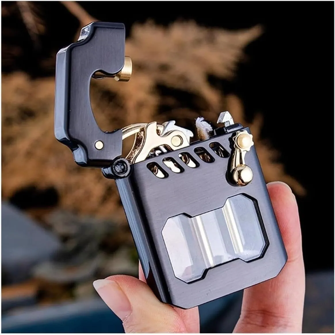 Cycle replenishing kerosene lighter, old-fashioned metal kerosene lighter, with fuel observation window, rocker link drive gear ignition lighter, suitable for wilderness, travel, camping (excluding fu