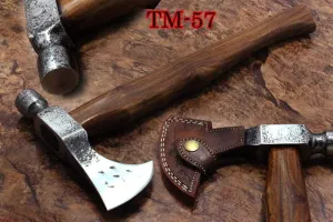 Damascus Depot Hammer Axe, 18 Inches Long High Carbon Steel Voyager Axe with Hammer, Walnut Wood Round Handle Bearded Hiking Battle Axe, Thick Cow Hide Leather Sheath
