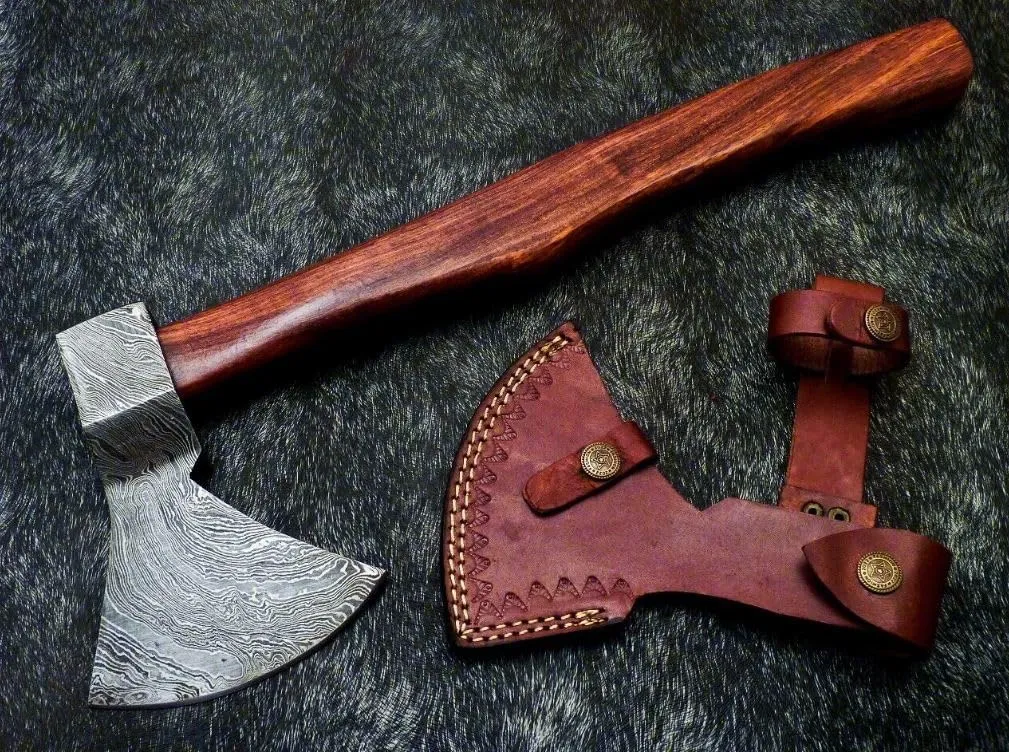 Damascus Steel Axe Tomahawk Hatchet Viking Throwing Axe with Leather Sheath 14 inches