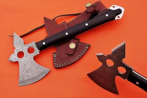 Damascus Steel Cabin Axe, 12 Inches Long Hand Forged rain Drop Pattern Damascus Steel Axe Head, Black Scale Handle with 2 Inserting lace Hole, Bearded Hiking Battle Axe, Thick Cow Hide Leather Sheath