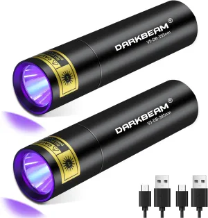 DARKBEAM Flashlight UV Black Light 395 NM, Mini but Powerful USB- C LED Rechargeable Woods Lamp, Ultraviolet Flashlights for Pet Urine, Stains Detection, Resin Curing, Fluorescent Agent, 2 Pack