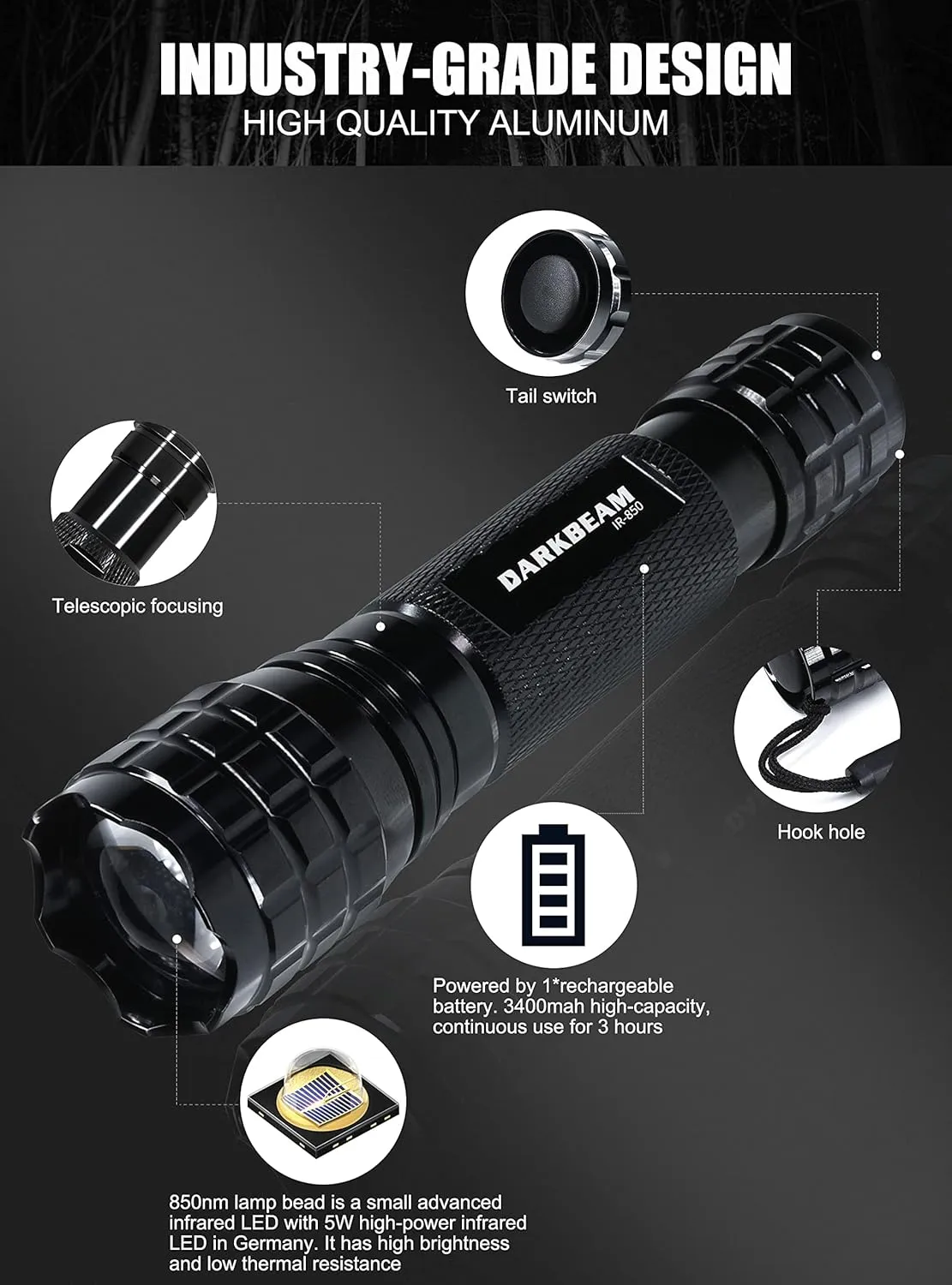 DARKBEAM ir Flashlight Infrared 850nm Lights LED Mini for Night Vision, Rechargeable Portable Tactical ir Illuminator Torch, Focus Adjustable for Hunting, Observation, Search, with Clip