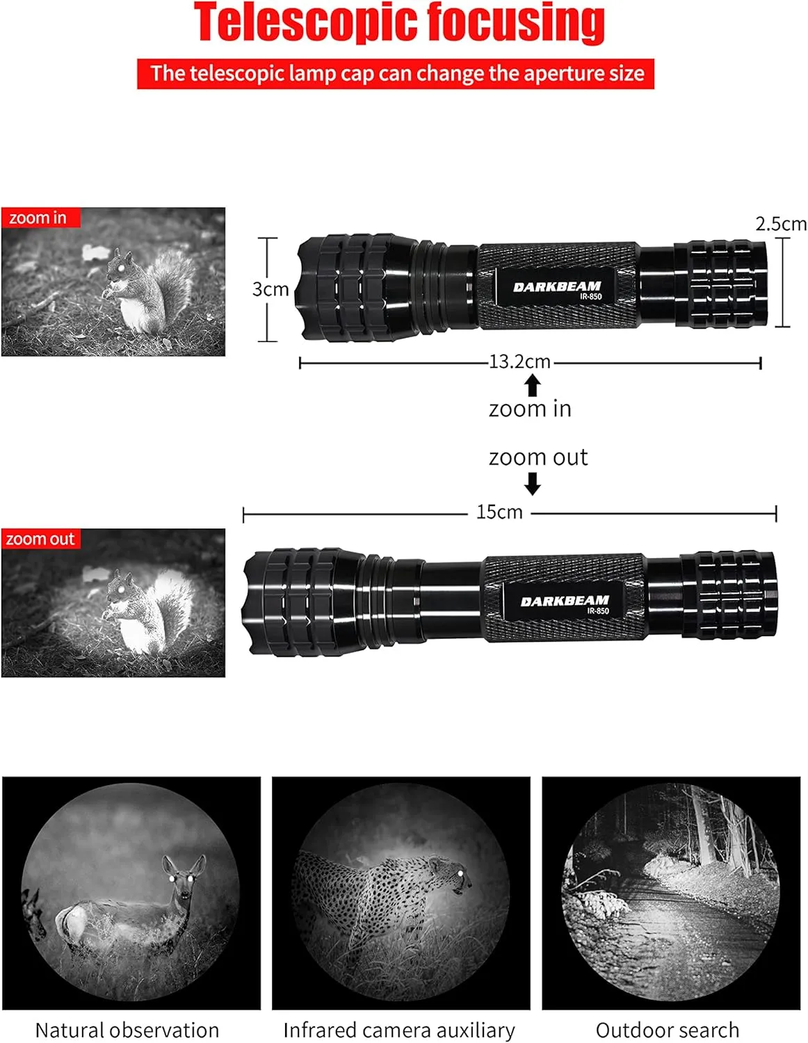 DARKBEAM ir Flashlight Infrared 850nm Lights LED Mini for Night Vision, Rechargeable Portable Tactical ir Illuminator Torch, Focus Adjustable for Hunting, Observation, Search, with Clip