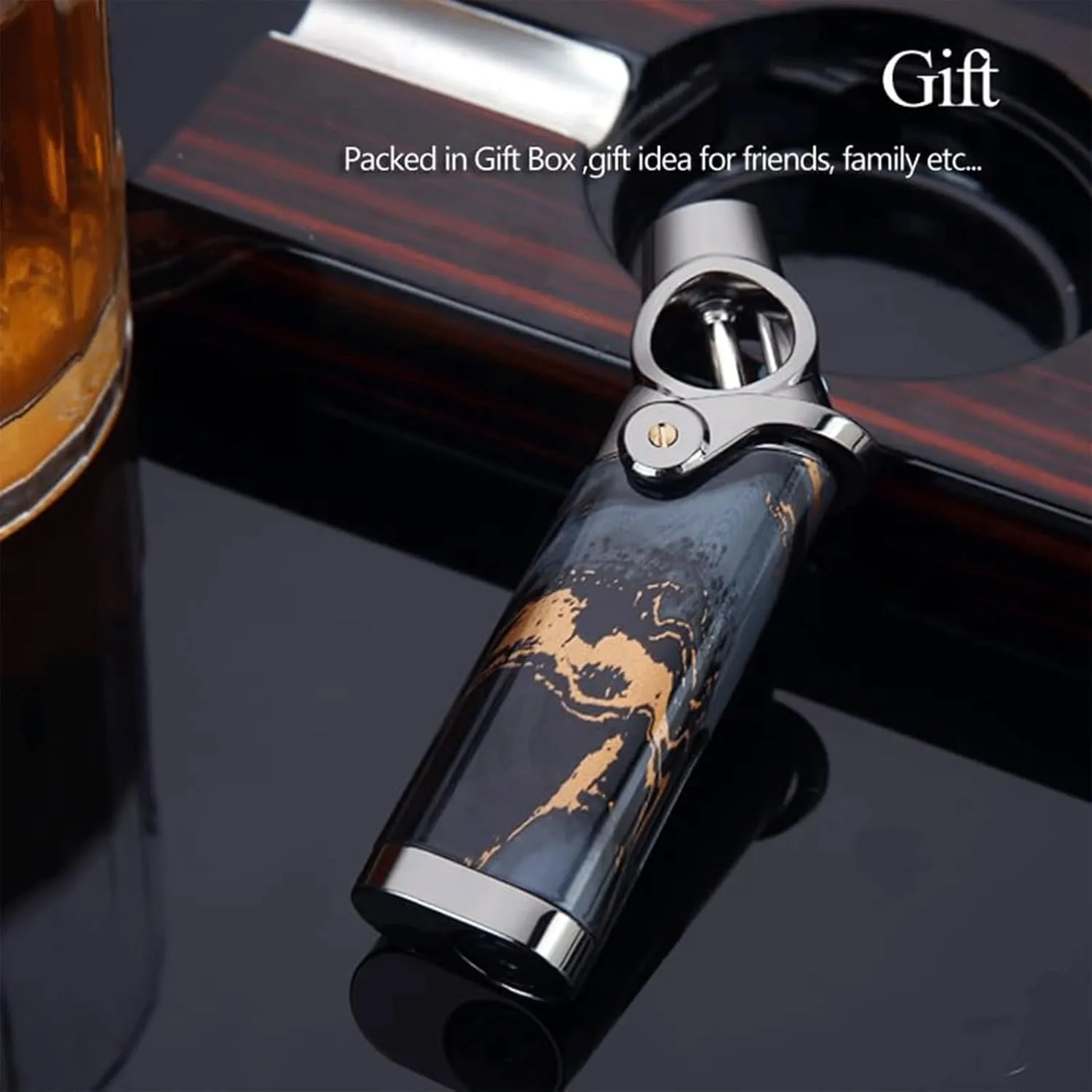 Desktop Jet Straight Blue Flame Lighter, one-Button efficient Ignition, Metal Single Mouth Windproof, Butane refillable, Adjustable Flame, with Transparent Beam (Fuel not Included)(Brown)