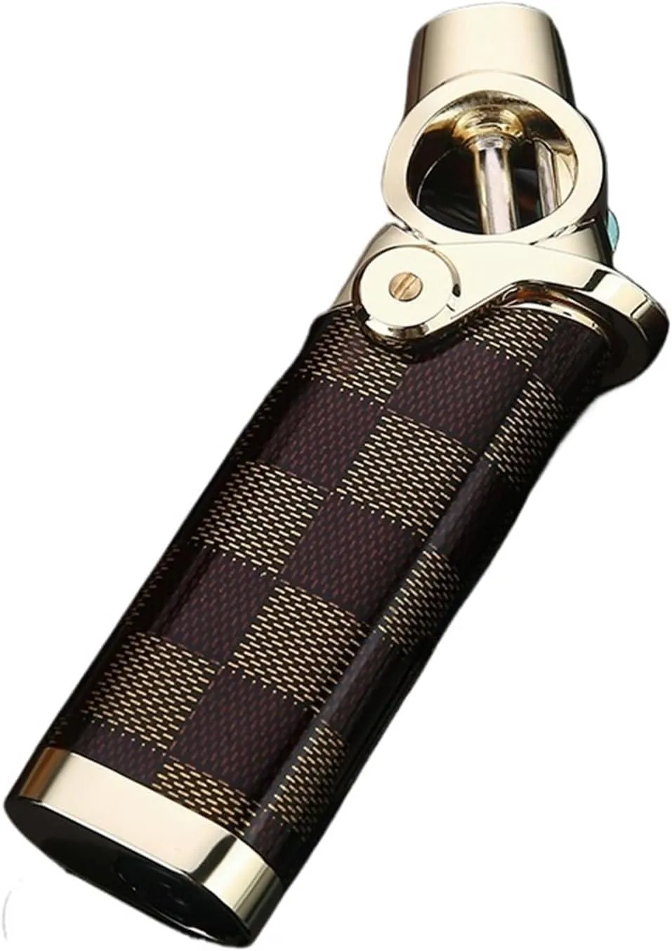 Desktop Jet Straight Blue Flame Lighter, one-Button efficient Ignition, Metal Single Mouth Windproof, Butane refillable, Adjustable Flame, with Transparent Beam (Fuel not Included)(Brown)