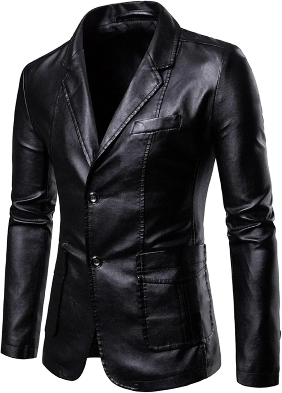 DGHM-JLMY Men's Suit Collar Fashion Pu Leather Jacket Casual 2 Button Slim Faux Leather Blazer Business Leather Sport Coat