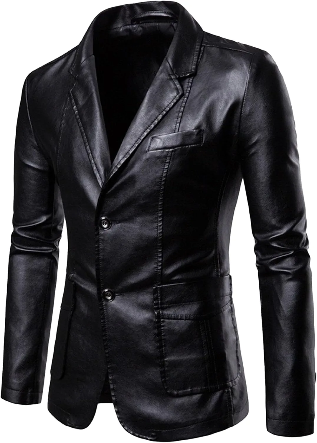 DGHM-JLMY Men's Suit Collar Fashion Pu Leather Jacket Casual 2 Button Slim Faux Leather Blazer Business Leather Sport Coat