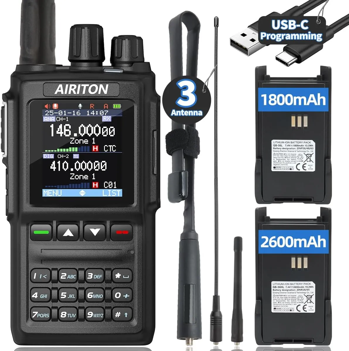 DM-168 DMR Radio DMR & Analog Handheld Ham Radio Dual Band with Noise Reduction Walkie Talkies 10K Talk Groups, 2 Batteries, 3 Antennas, USB-C Charging & Programming for Hunting Team Work