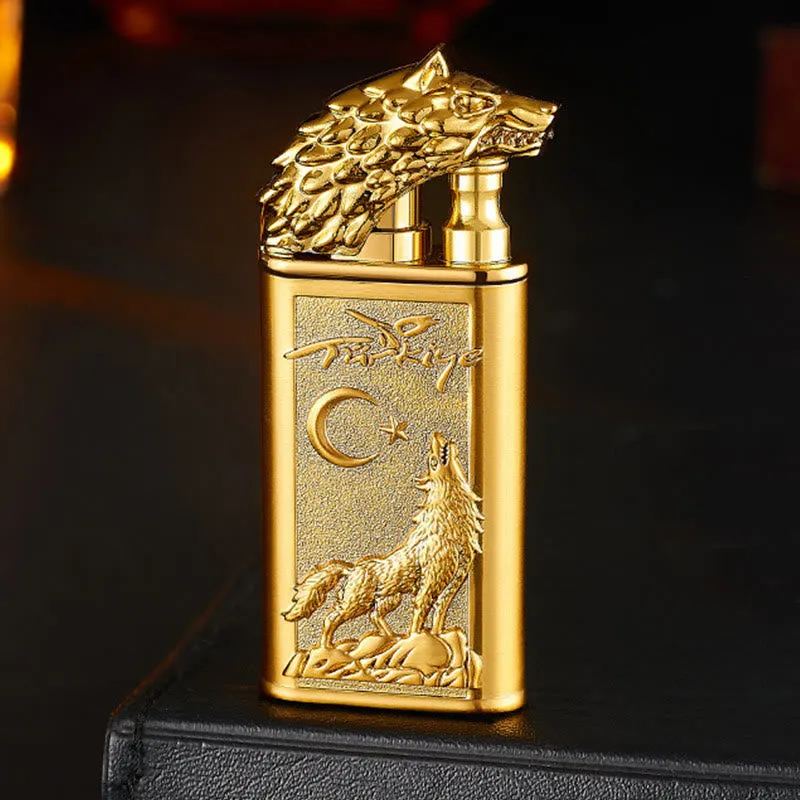 Double Flame Embossed Roaring Wolf Refillable Butane Lighter