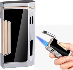 Double Flame Windproof Lighter, Double Jet Blue Flame, Butane refillable Windproof Lighter with air Window, Suitable for Gifts for Family and Friends(A)