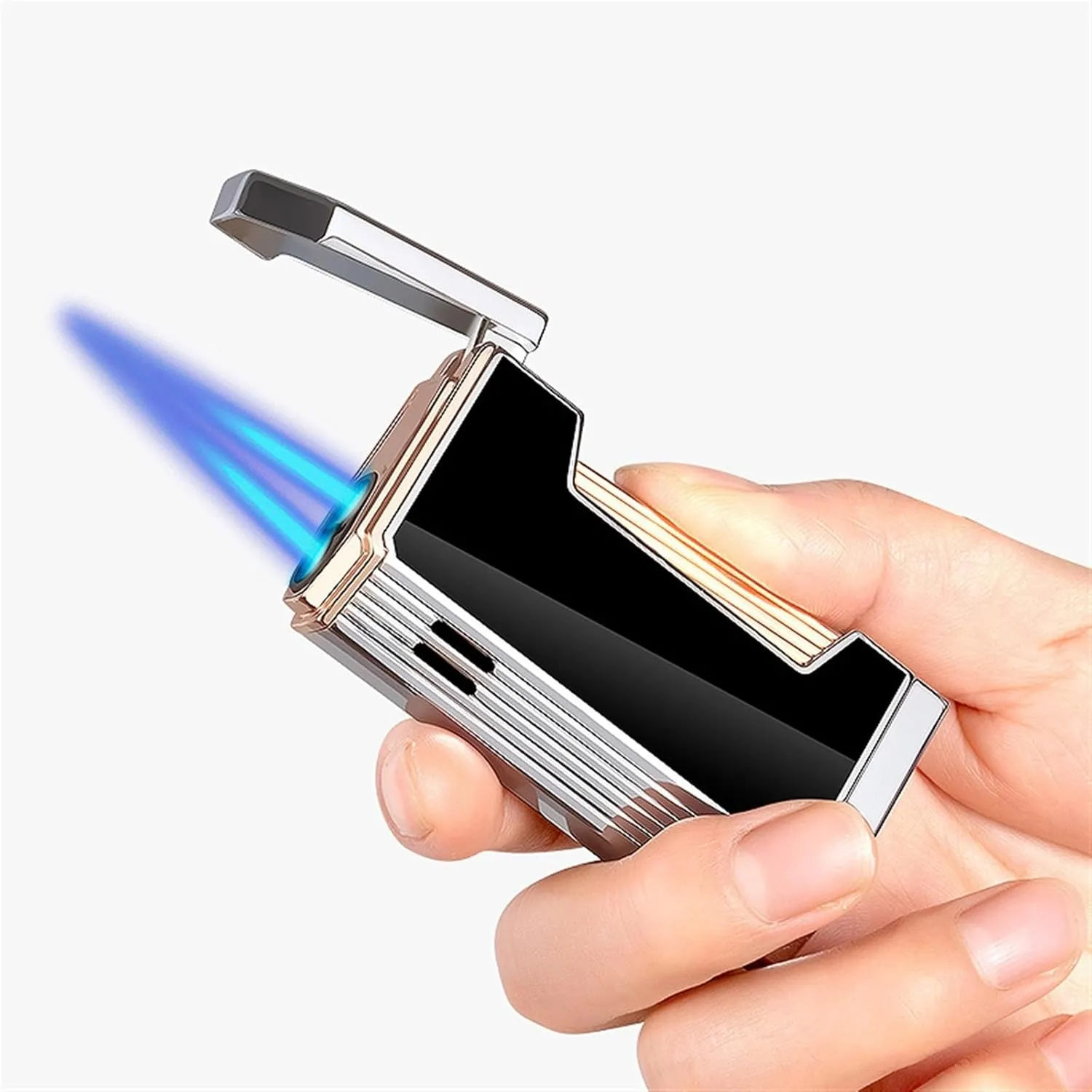 Double Flame Windproof Lighter, Double Jet Blue Flame, Butane refillable Windproof Lighter with air Window, Suitable for Gifts for Family and Friends(A)