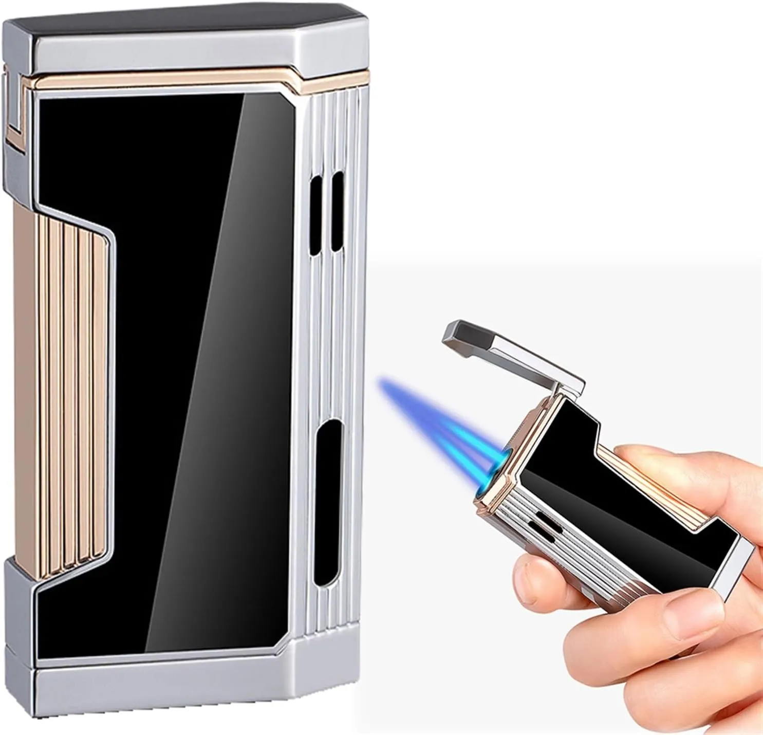 Double Flame Windproof Lighter, Double Jet Blue Flame, Butane refillable Windproof Lighter with air Window, Suitable for Gifts for Family and Friends(A)
