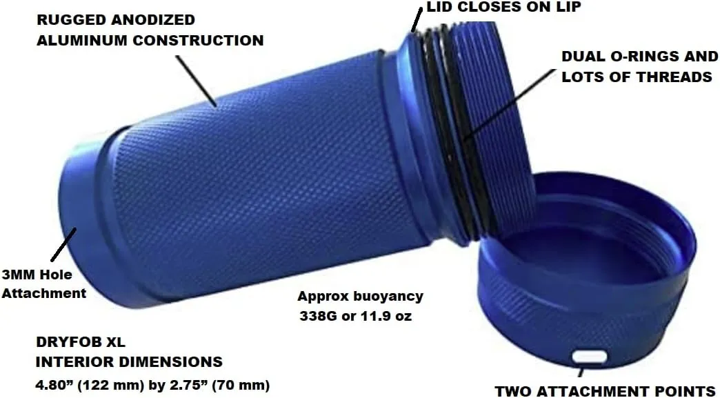 DRYFOB-XL Waterproof PLB Container, Case, Holder - for Scuba Diving and Watersports. Rugged Aluminum. Rated to 330ft(100m) (BLUE)