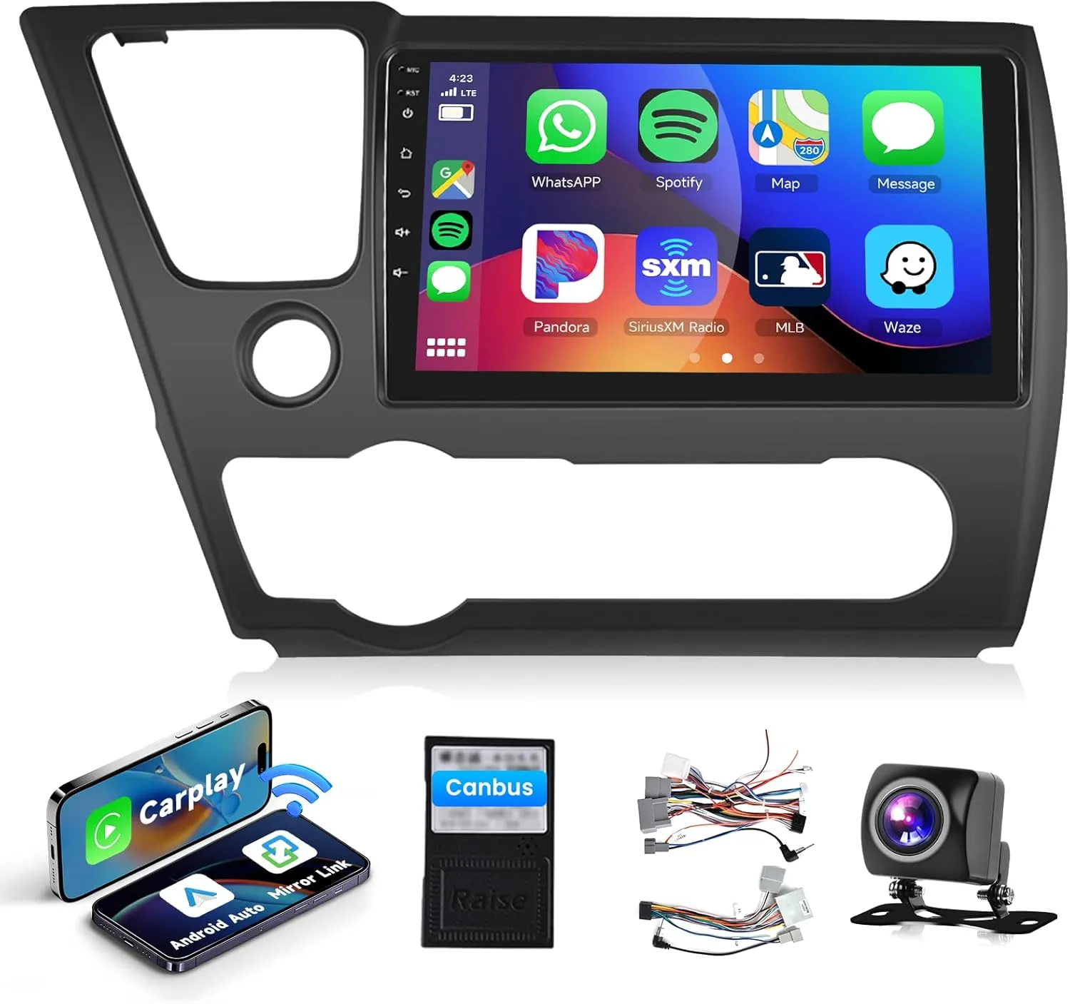 【DSP EQ】 Car Radio Stereo for Honda Civic 2013 2014 2015 2016 2017 with Wireless CarPlay/Android Auto/MirrorLink/9inch IPS Touch Screen/Bluetooth/GPS/WiFi/FM/RDS/AHD Backup Camera 2G 32G
