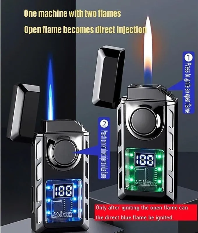 Dual Flame Butane Lighter, Windproof, 4 Ignition Methods, Visible Air Window, Power Display, Type-C Charging(Black)