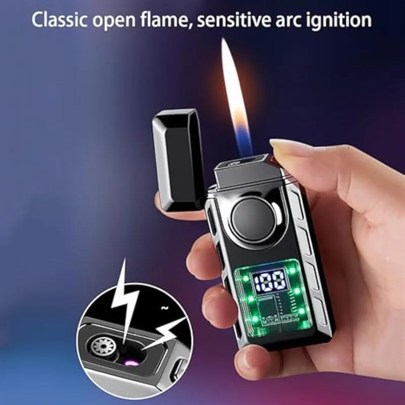 Dual Flame Butane Lighter, Windproof, 4 Ignition Methods, Visible Air Window, Power Display, Type-C Charging(Black)