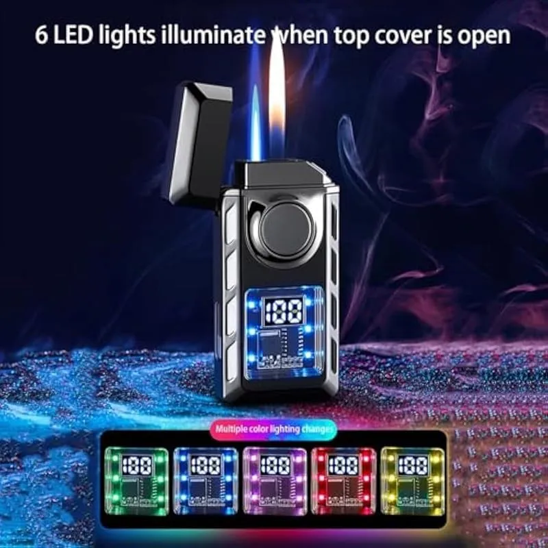 Dual Flame Butane Lighter, Windproof, 4 Ignition Methods, Visible Air Window, Power Display, Type-C Charging(Black)
