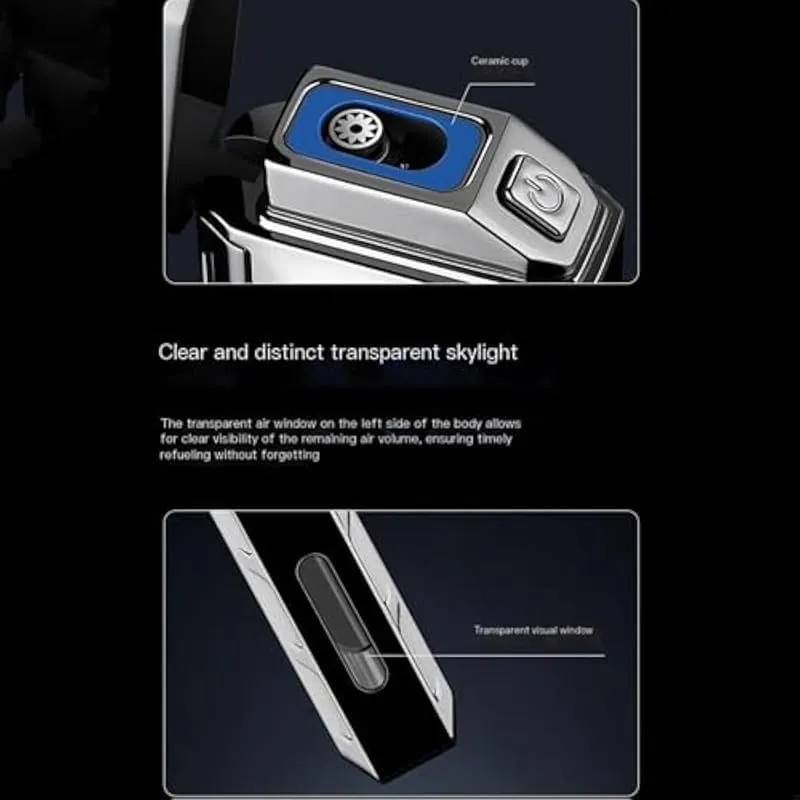 Dual Flame Butane Lighter, Windproof, 4 Ignition Methods, Visible Air Window, Power Display, Type-C Charging(Black)