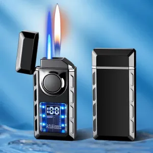 Dual Flame Butane Lighter, Windproof, 4 Ignition Methods, Visible Air Window, Power Display, Type-C Charging(Black)