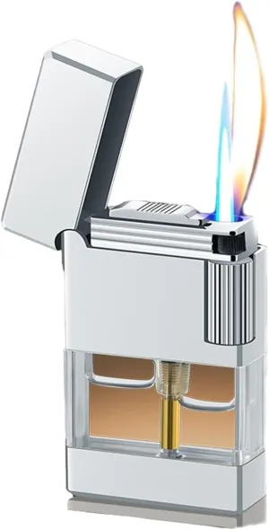 Dual Flame Butane Lighter,Windproof with Visible Gas Fuel Window, for Outdoor Candles(Silver)