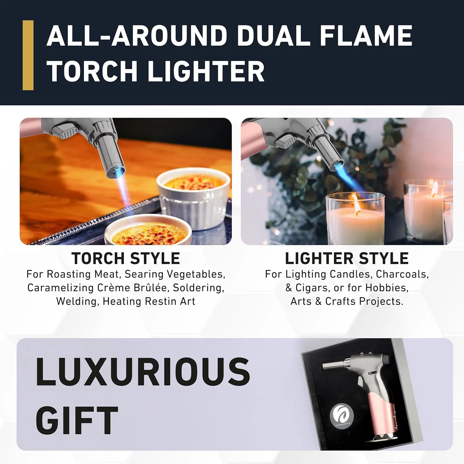 Dual Flame Butane Torch Gun - Refillable Luxury Hand Held Mini Blow Torch for Cooking, Creme Brulee, Soldering, Welding, & Resin Art - Adjustable Flame with Ignition Lock - Steel Blush by inZaynity