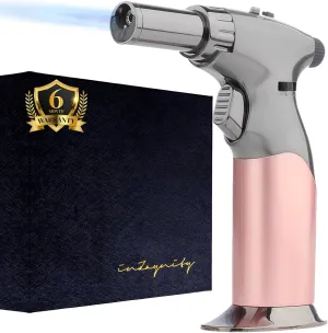 Dual Flame Butane Torch Gun - Refillable Luxury Hand Held Mini Blow Torch for Cooking, Creme Brulee, Soldering, Welding, & Resin Art - Adjustable Flame with Ignition Lock - Steel Blush by inZaynity