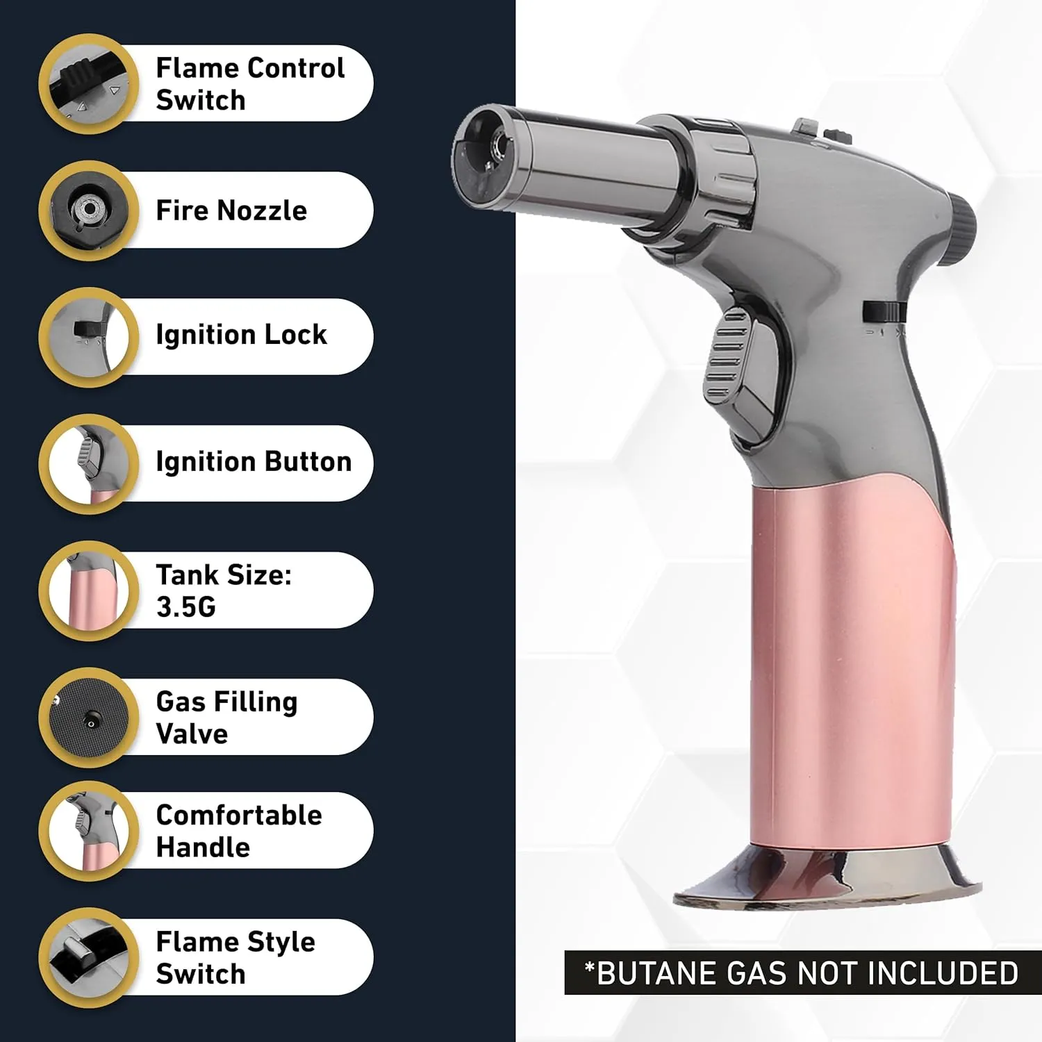Dual Flame Butane Torch Gun - Refillable Luxury Hand Held Mini Blow Torch for Cooking, Creme Brulee, Soldering, Welding, & Resin Art - Adjustable Flame with Ignition Lock - Steel Blush by inZaynity
