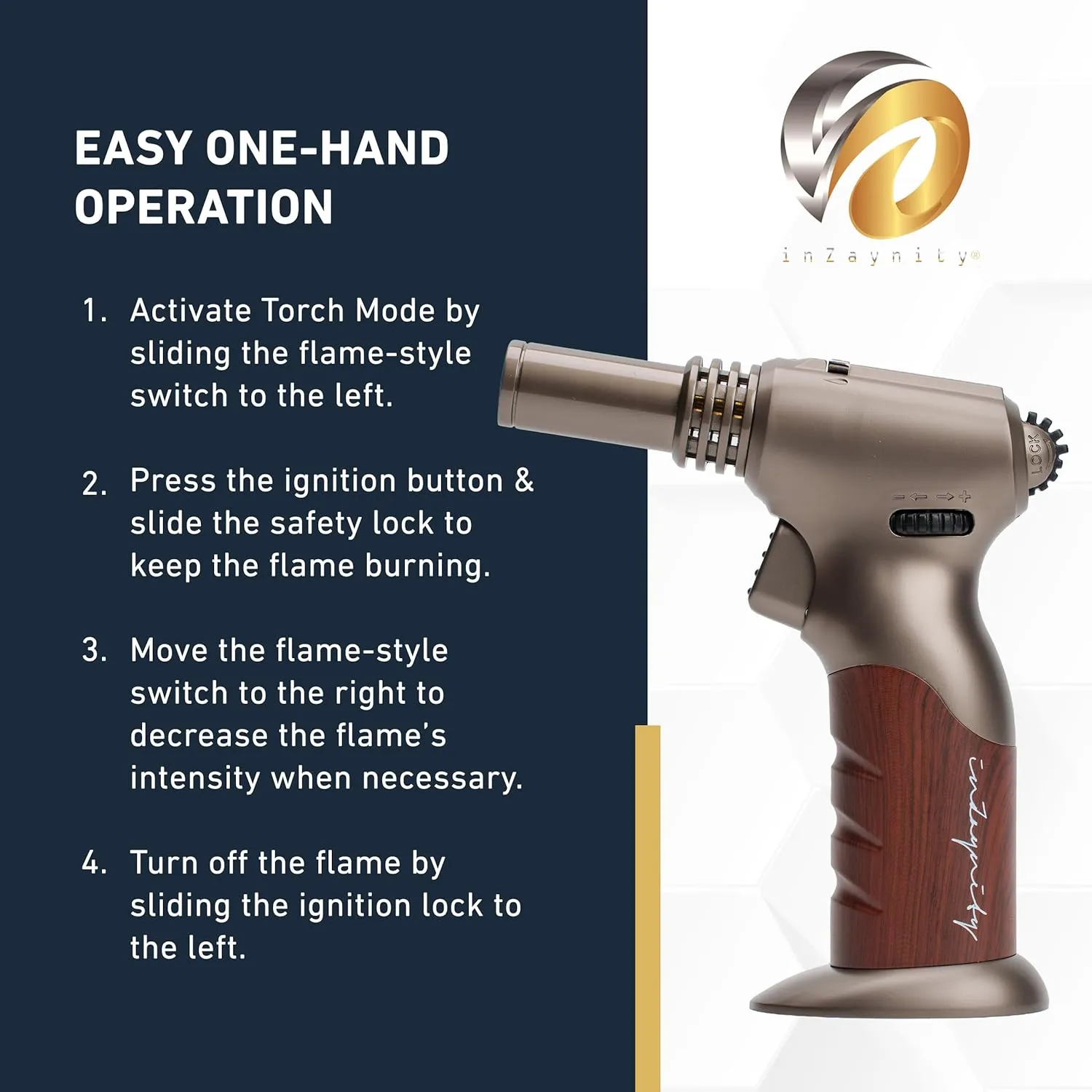 Dual Flame Butane Torch - Refillable Handheld Blow Torch for Cooking, Soldering, & Resin Art w/Adjustable Flame & Ignition Lock - Kitchen Blow Torch & Luxurious Gift Box by inZaynity - Brown Steel
