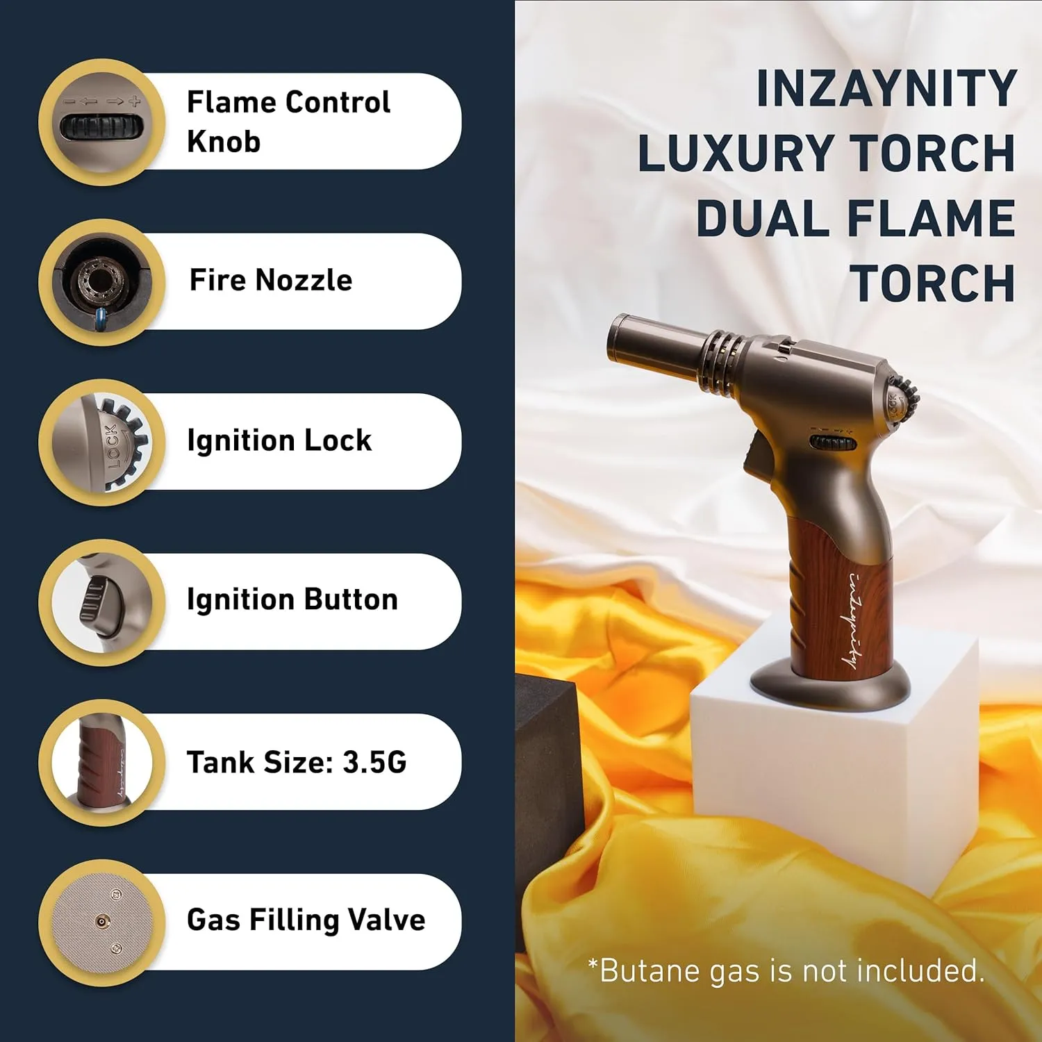 Dual Flame Butane Torch - Refillable Handheld Blow Torch for Cooking, Soldering, & Resin Art w/Adjustable Flame & Ignition Lock - Kitchen Blow Torch & Luxurious Gift Box by inZaynity - Brown Steel