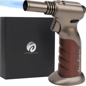 Dual Flame Butane Torch - Refillable Handheld Blow Torch for Cooking, Soldering, & Resin Art w/Adjustable Flame & Ignition Lock - Kitchen Blow Torch & Luxurious Gift Box by inZaynity - Brown Steel