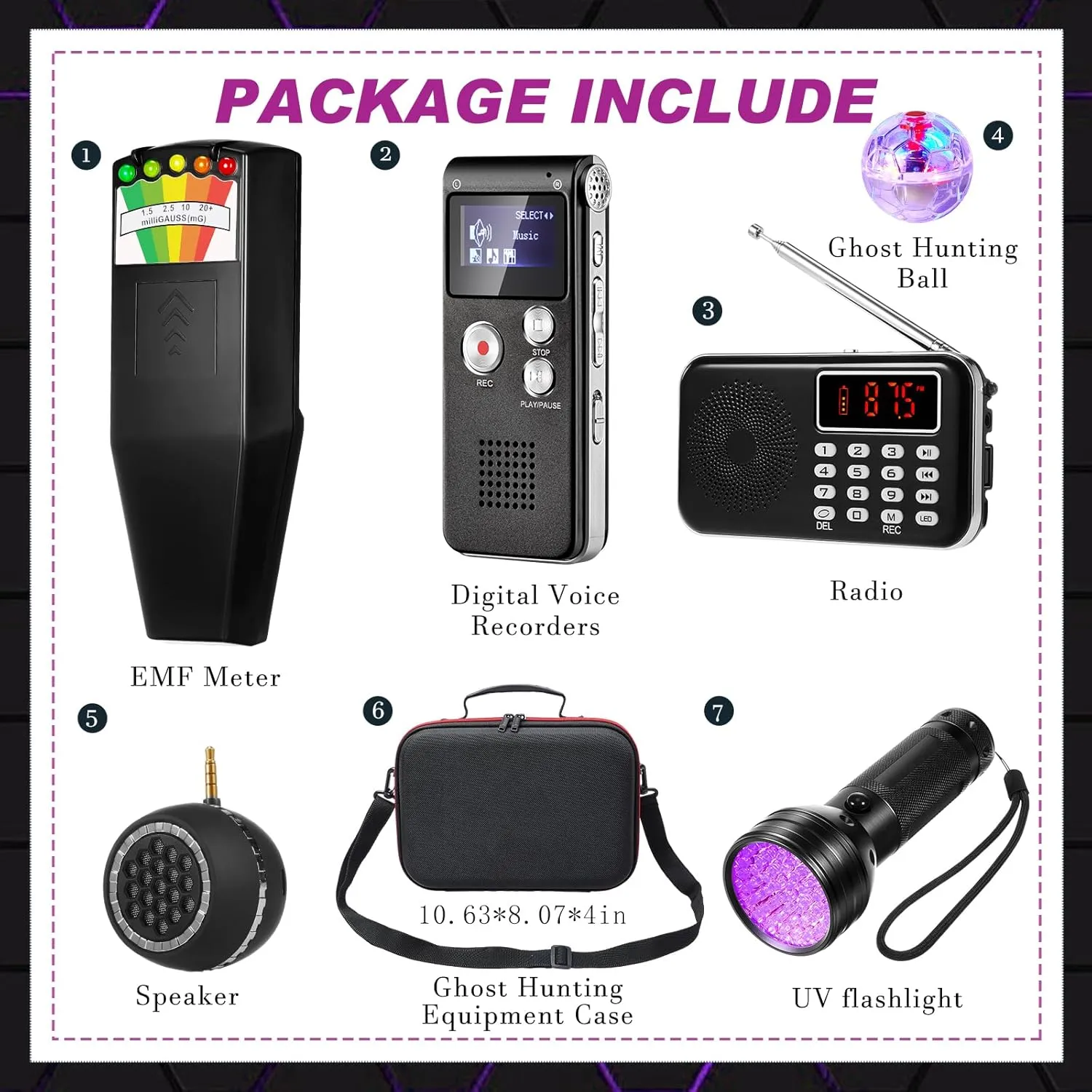 Dunzy 8 Pcs Ghost Hunting Equipment Kit, Include 1 Emf Meter 1 Spirit Ghost Hunting Research Case 1 Voice Recorders 1 Flashlight 1 Speaker 2 Motion Light up Cat Balls and 1 Fm Radio(Emf Meter 1)