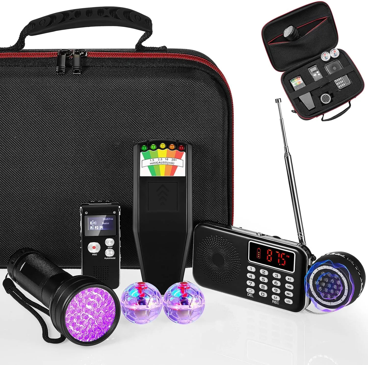 Dunzy 8 Pcs Ghost Hunting Equipment Kit, Include 1 Emf Meter 1 Spirit Ghost Hunting Research Case 1 Voice Recorders 1 Flashlight 1 Speaker 2 Motion Light up Cat Balls and 1 Fm Radio(Emf Meter 1)