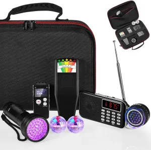 Dunzy 8 Pcs Ghost Hunting Equipment Kit, Include 1 Emf Meter 1 Spirit Ghost Hunting Research Case 1 Voice Recorders 1 Flashlight 1 Speaker 2 Motion Light up Cat Balls and 1 Fm Radio(Emf Meter 1)