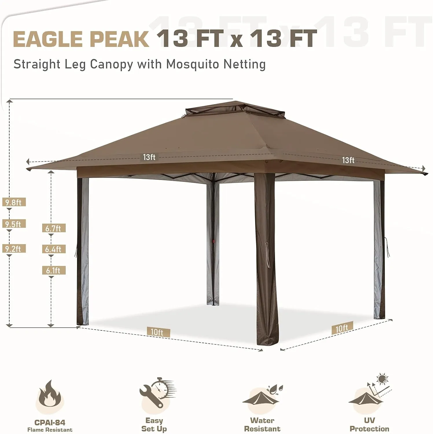 EAGLE PEAK 13x13 Pop Up Gazebo with Mesh Netting, Easy Up Screened Canopy for Patio and Backyard, Easy Set up Outdoor Gazebo (Brown)