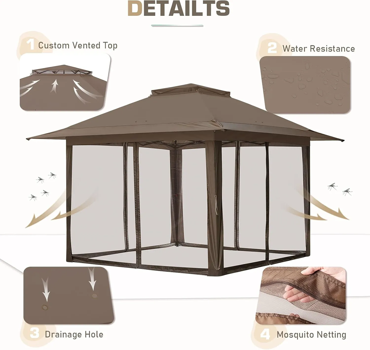 EAGLE PEAK 13x13 Pop Up Gazebo with Mesh Netting, Easy Up Screened Canopy for Patio and Backyard, Easy Set up Outdoor Gazebo (Brown)