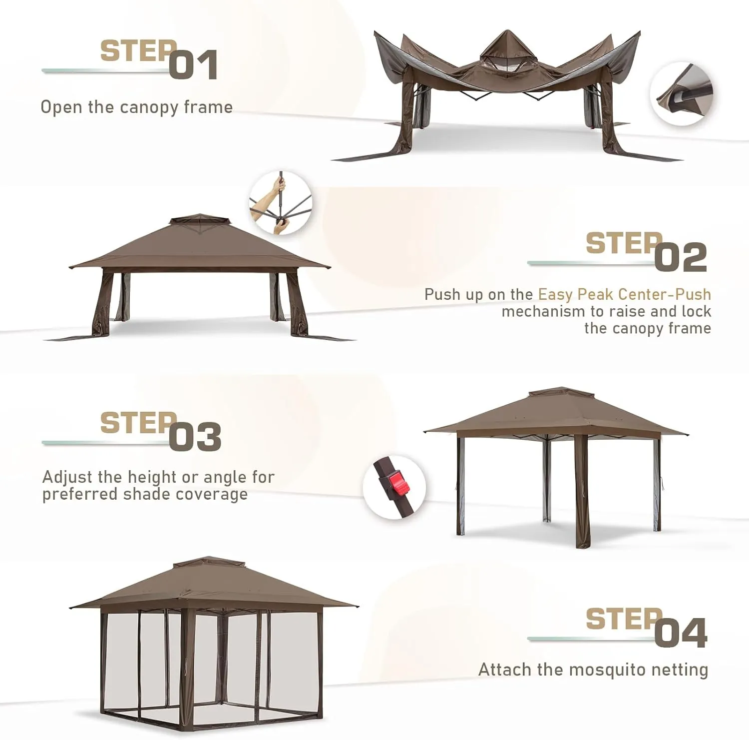 EAGLE PEAK 13x13 Pop Up Gazebo with Mesh Netting, Easy Up Screened Canopy for Patio and Backyard, Easy Set up Outdoor Gazebo (Brown)