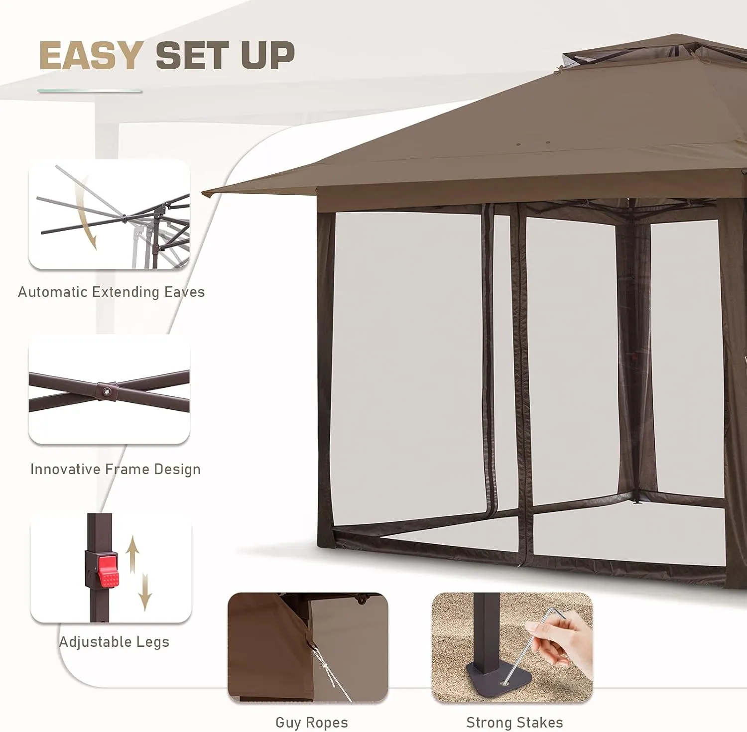 EAGLE PEAK 13x13 Pop Up Gazebo with Mesh Netting, Easy Up Screened Canopy for Patio and Backyard, Easy Set up Outdoor Gazebo (Brown)