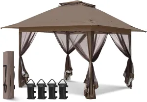 EAGLE PEAK 13x13 Pop Up Gazebo with Mesh Netting, Easy Up Screened Canopy for Patio and Backyard, Easy Set up Outdoor Gazebo (Brown)